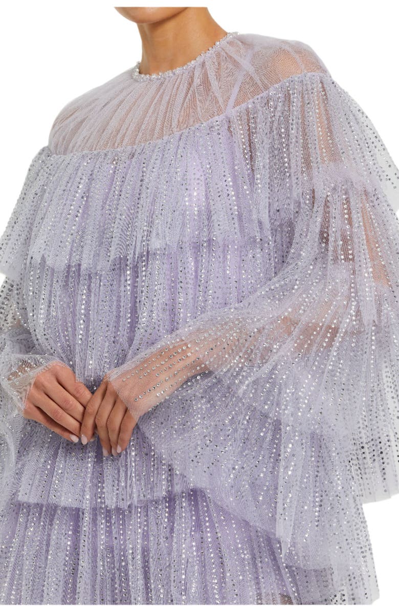 Mac Duggal High Neck Tiered Ruffle Pearl Beaded Cape Dress, Alternate, color, Lilac