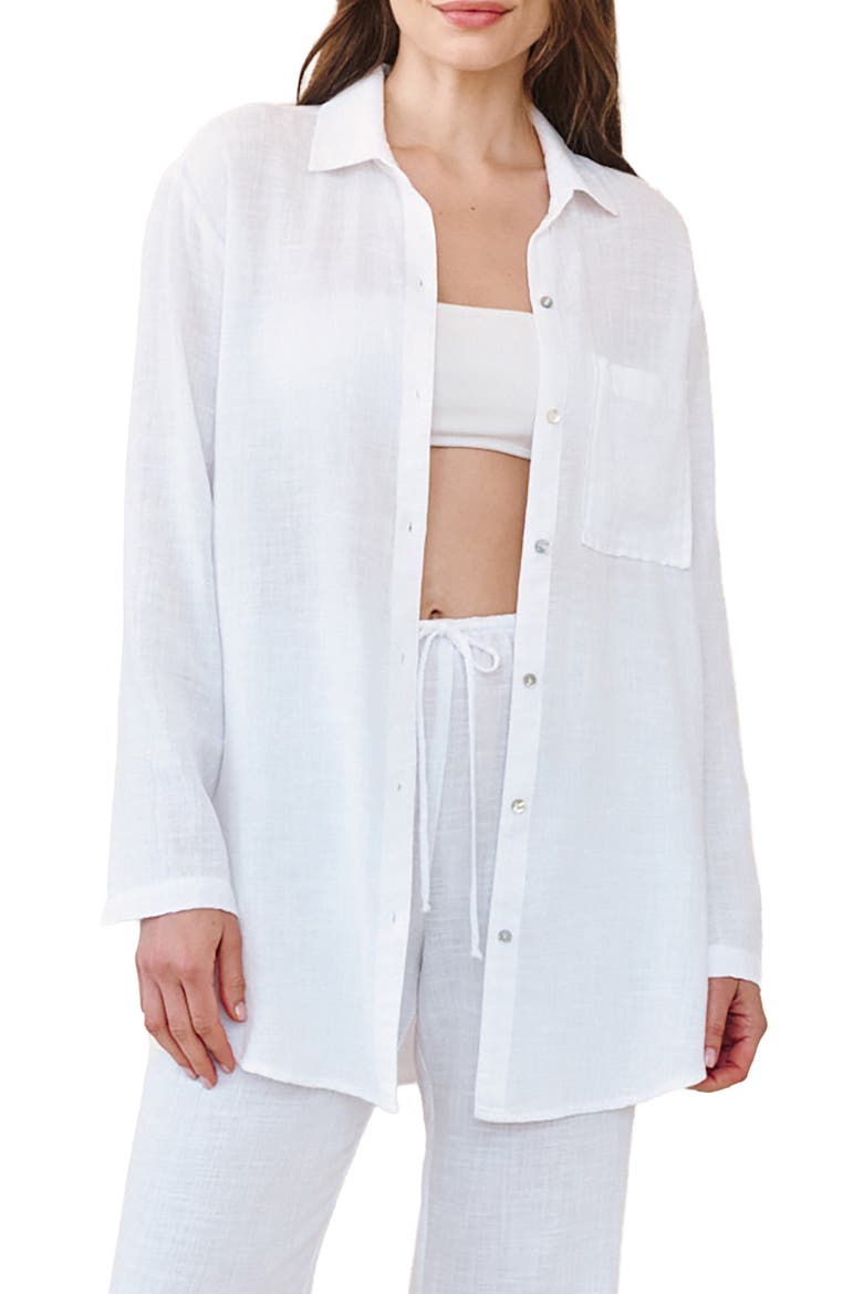 Relaxed Fit Semisheer Cotton Blend Button-Up Tunic, Main, color, WHITE