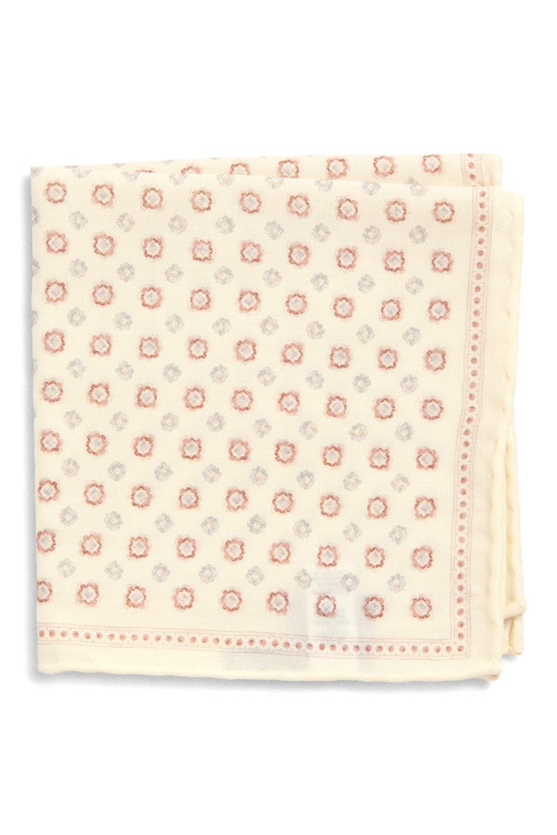Medallion Wool & Cotton Muslin Pocket Square, Main, color, IVORY AND GRAY