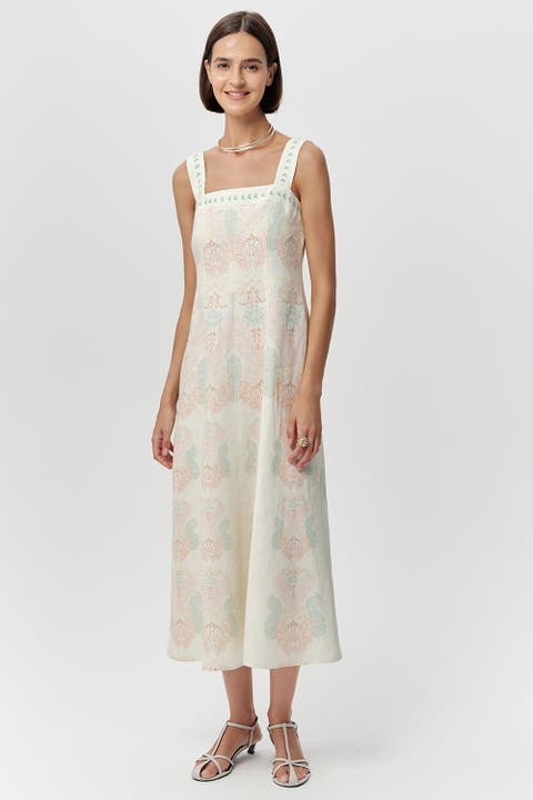 Elvis Square Neck Linen Midi Dress