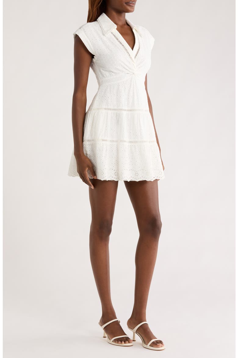 Mila Deep V-Neck Cotton & Linen Eyelet Minidress, Alternate, color, OFF WHITE