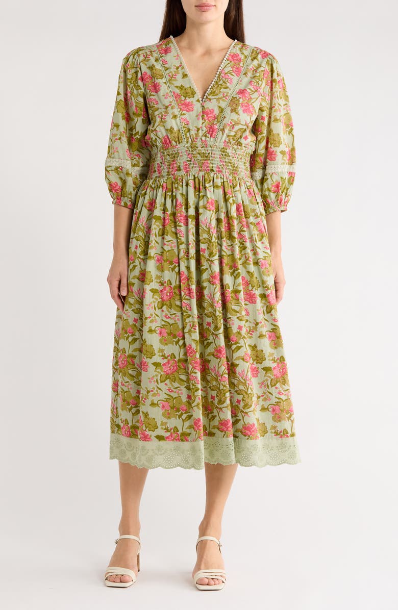 Maisie Floral Smocked Waist Midi Dress, Main, color, Sage/ Green Vine