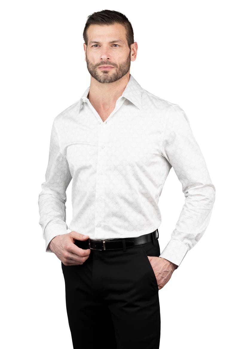Trim Fit Grid Pritn Cotton Dress Shirt, Alternate, color, WHITE