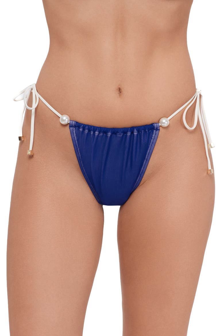 Ruched Faux Pearl Tanga Bikini Bottoms, Main, color, MIDNIGHT