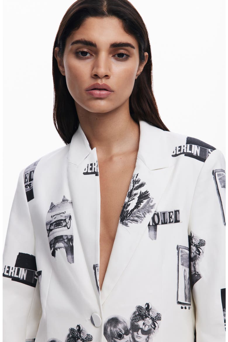 Collage Print Peak Lapel Blazer, Alternate, color, WHITE