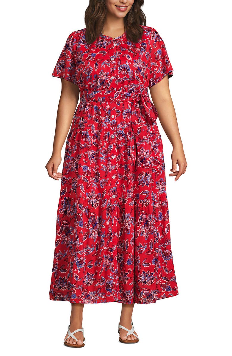 Lands' End Cotton Voile Button Front Maxi Dress, Main, color, Compass Red Vintage Floral