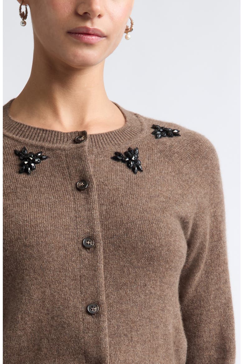 Embellished Cashmere Cardigan, Alternate, color, PEAT/ JET