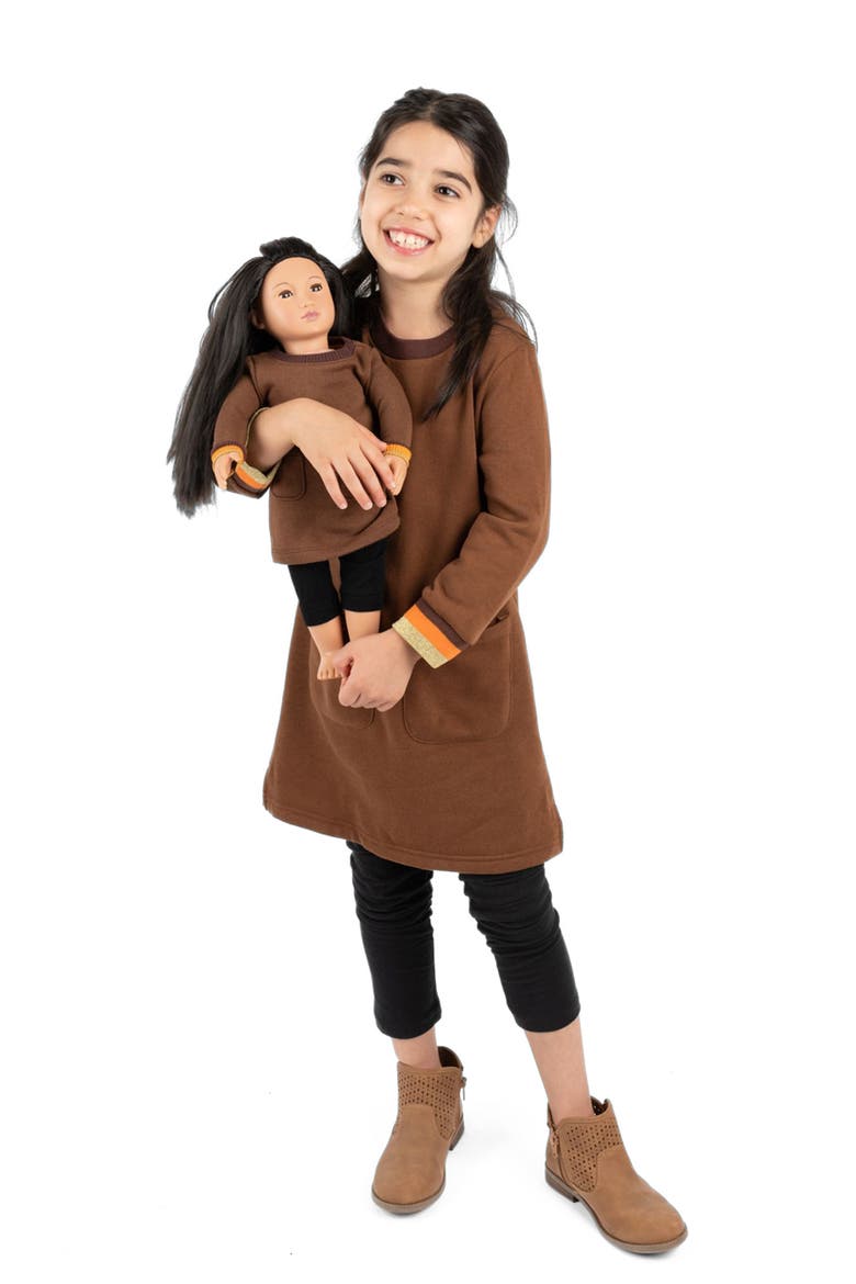 Girls Sweatshirt Dress with Matching Doll Dress, Alternate, color, BROWN