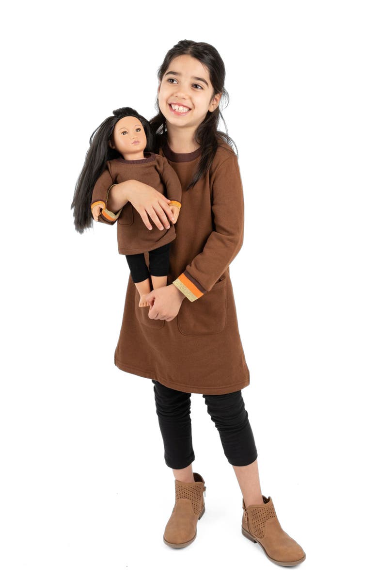 Leveret Girls Sweatshirt Dress with Matching Doll Dress, Alternate, color, Brown