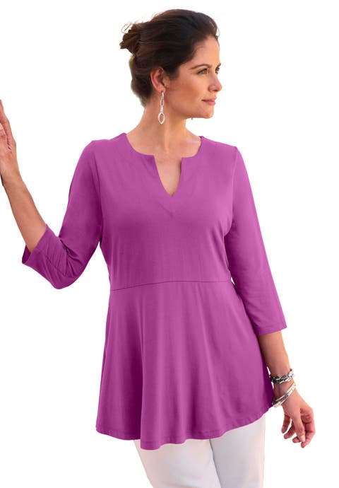 Stretch Knit Henley Notch Babydoll Tunic (Plus Available)