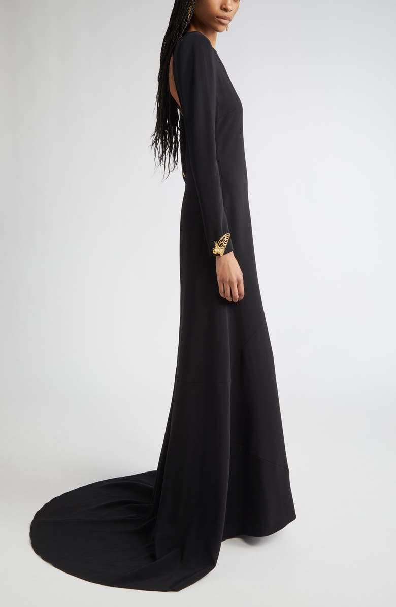 Oscar de la Renta Butterfly Detail Long Sleeve Open Back Gown, Alternate, color, Black