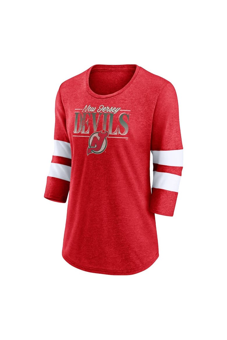 Women's Fanatics Branded Heathered Red/White New Jersey Devils Full Shield 3/4-Sleeve Tri-Blend Raglan Scoop Neck T-Shirt, Alternate, color, Heather Red
