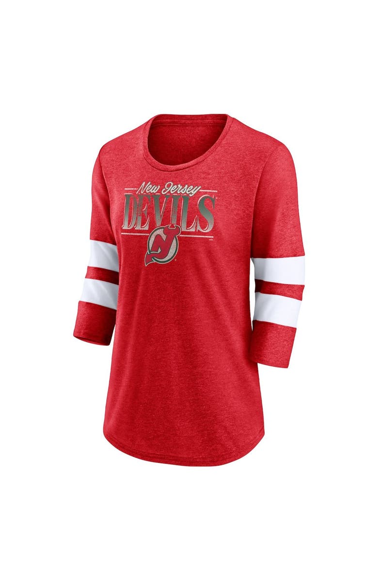 FANATICS Women's Fanatics Branded Heathered Red/White New Jersey Devils Full Shield 3/4-Sleeve Tri-Blend Raglan Scoop Neck T-Shirt, Alternate, color, 