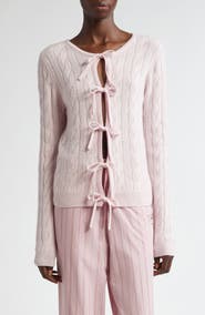 Ganni Front Tie Merino Wool & Cashmere Cable Cardigan