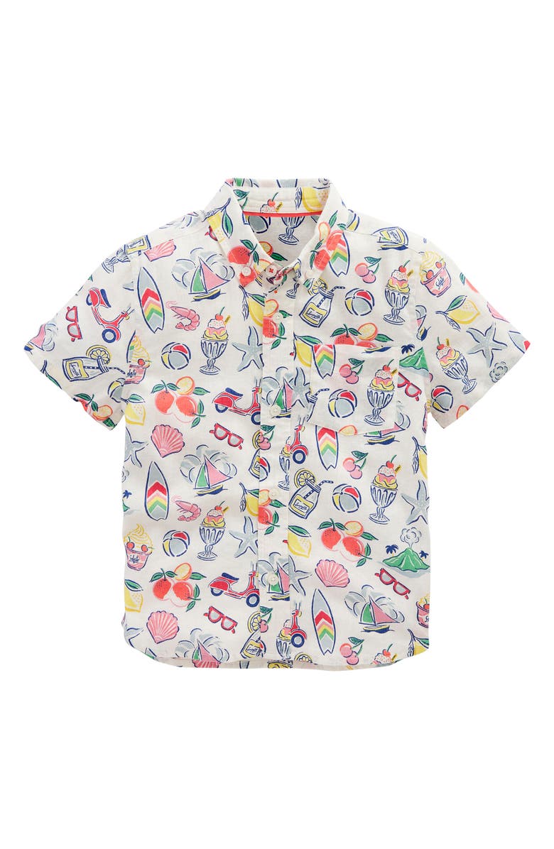 Mini Boden Kids' Summertime Print Short Sleeve Linen & Cotton Button-Down Shirt, Main, color, 
