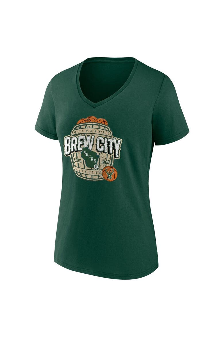 Women's Fanatics Branded Hunter Green Milwaukee Bucks Hometown Collection Brew City V-Neck T-Shirt, Alternate, color, Hunter Green