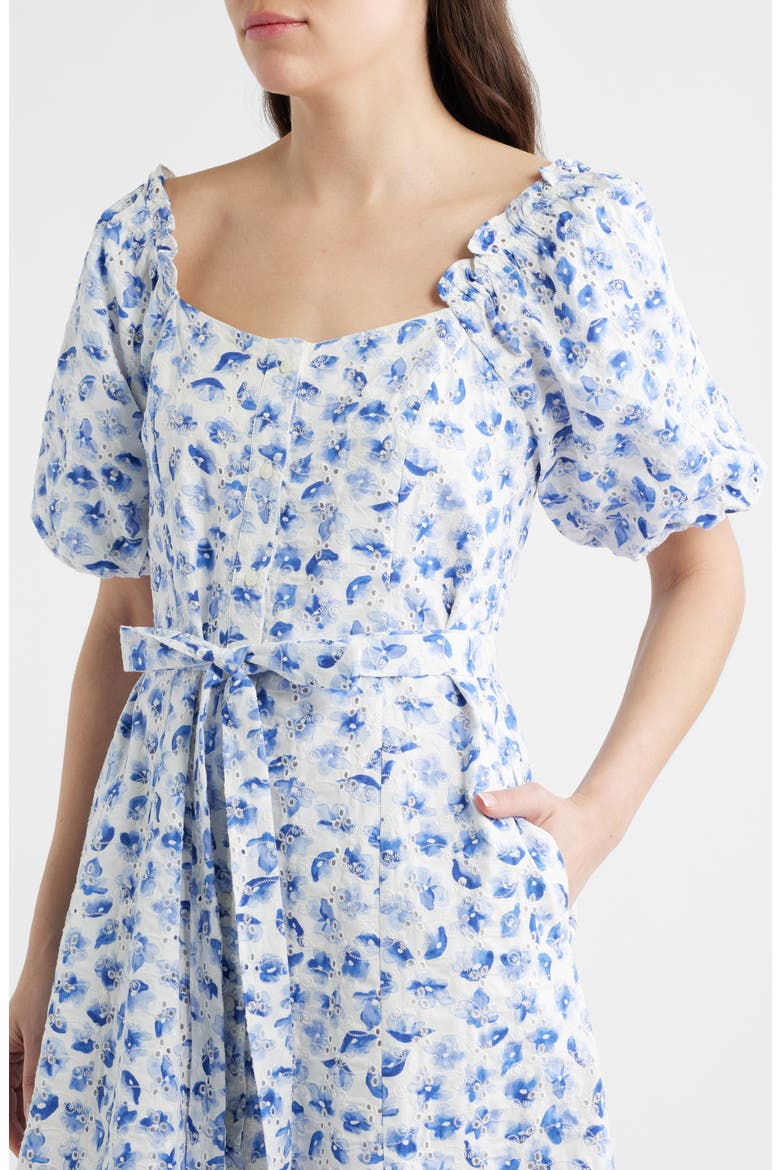 Floral Puff Sleeve Cotton Midi Dress, Alternate, color, BELLFLOWER BLUE