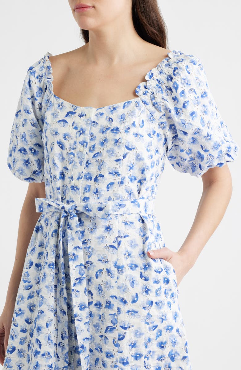 CeCe Floral Puff Sleeve Cotton Midi Dress, Alternate, color, Bellflower Blue