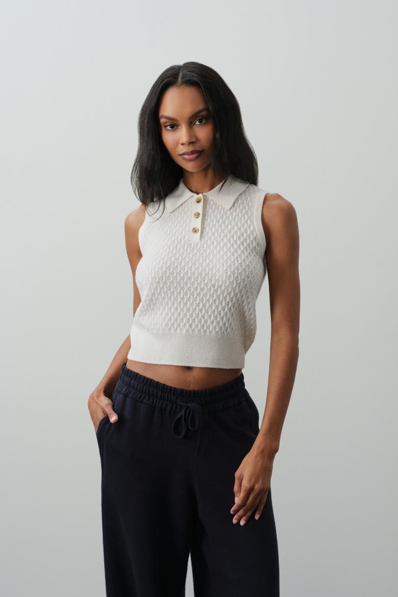 Leylah Sleeveless Cable Knit Polo, Main, color, ECRU