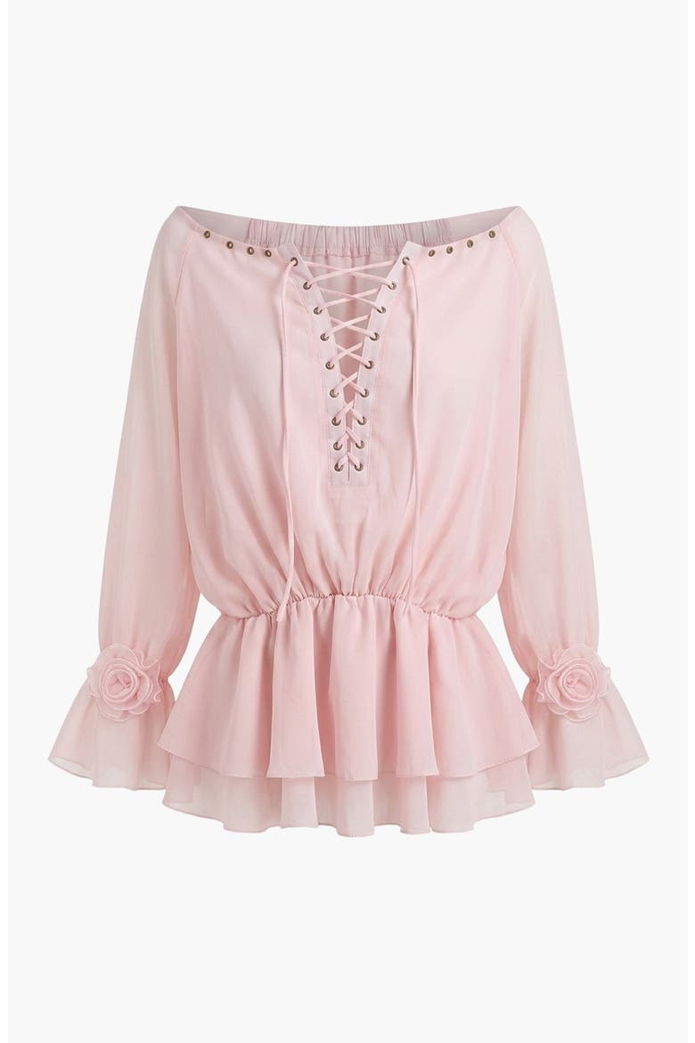 Elegant Lace-Up Peplum Blouse with Long Sleeves, Main, color, Pink