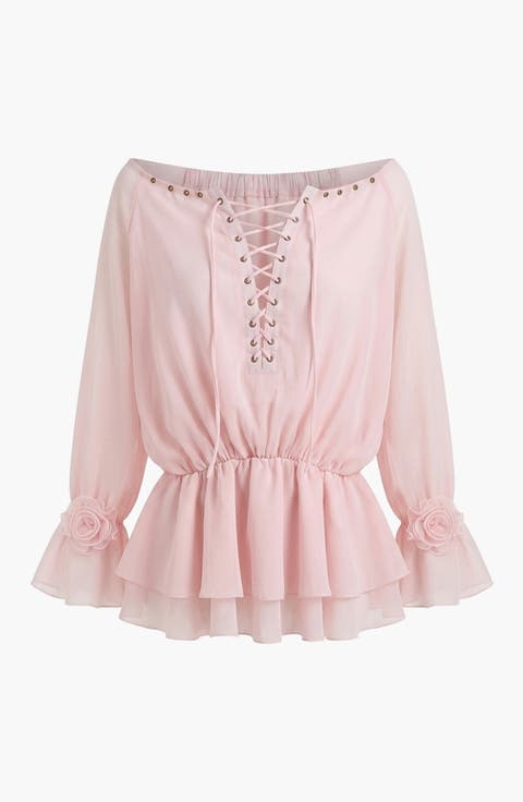 Elegant Lace-Up Peplum Blouse with Long Sleeves