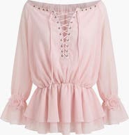 Modenaire Elegant Lace-Up Peplum Blouse with Long Sleeves