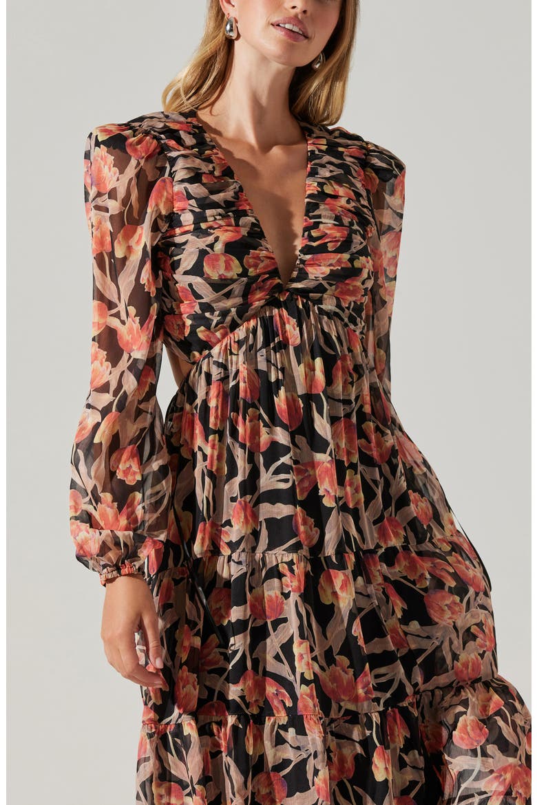 Floral Print Lace-Up Back Long Sleeve Tiered Maxi Dress, Alternate, color, ORANGE BLACK FLORAL