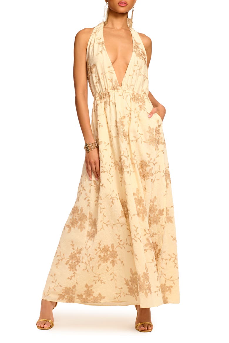 Imelda Metallic Floral Plunge Halter Neck Maxi Dress, Main, color, IVORY LUREX EMBROIDERY