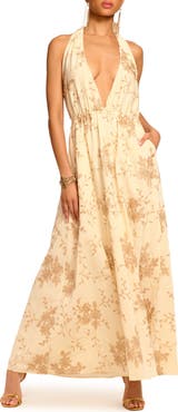 Ramy Brook Imelda Metallic Floral Plunge Halter Neck Maxi Dress