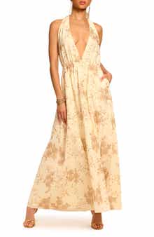 Imelda Metallic Floral Plunge Halter Neck Maxi Dress