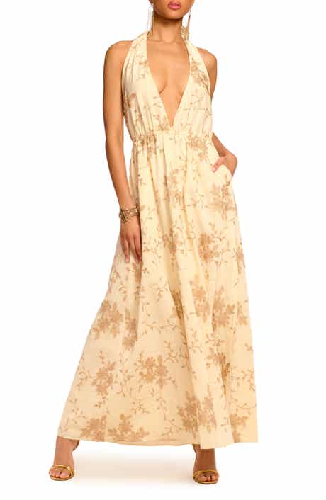 Imelda Metallic Floral Plunge Halter Neck Maxi Dress