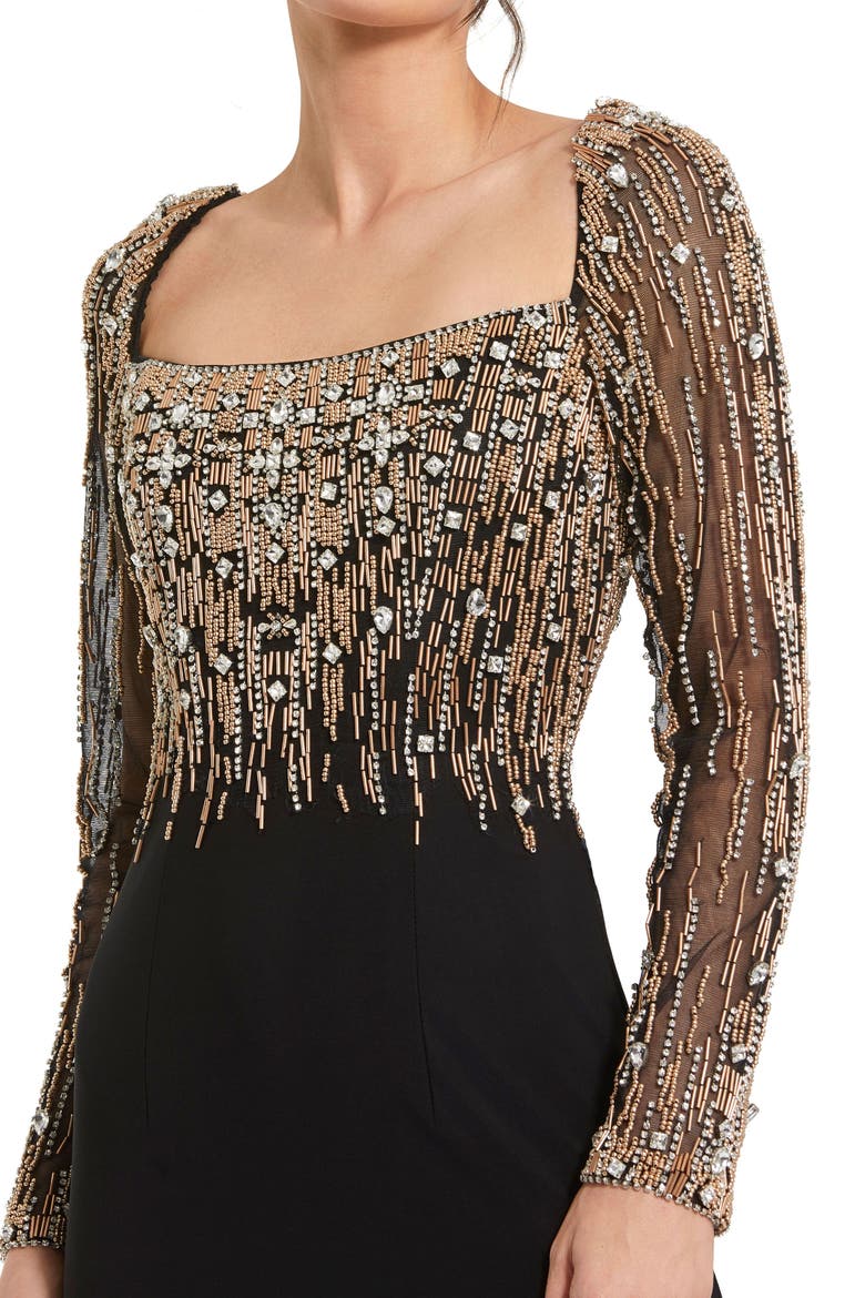 Beaded Square Neck Long Sleeve Jersey Gown, Alternate, color, Black Gold