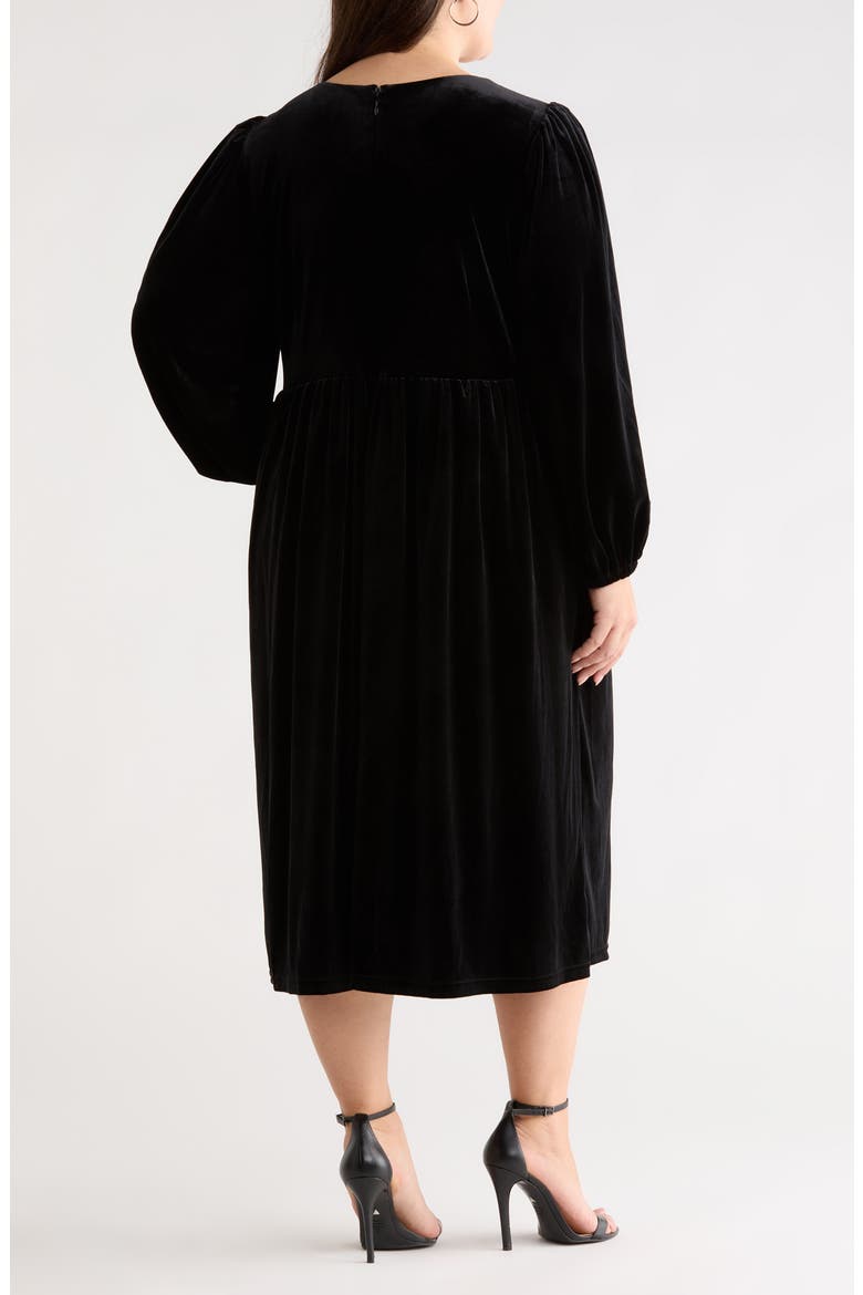 Jena Glow Bow Long Sleeve Velvet Midi Dress, Alternate, color, BLACK