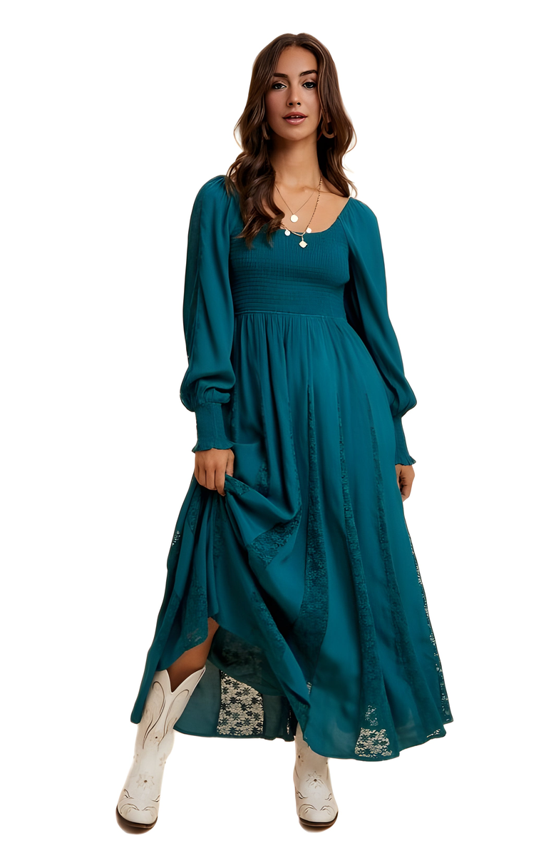 Knit and Lounge Long Sleeve Maxi Dress with Smocked Bodice and Lace Insets, Main, color, Teal