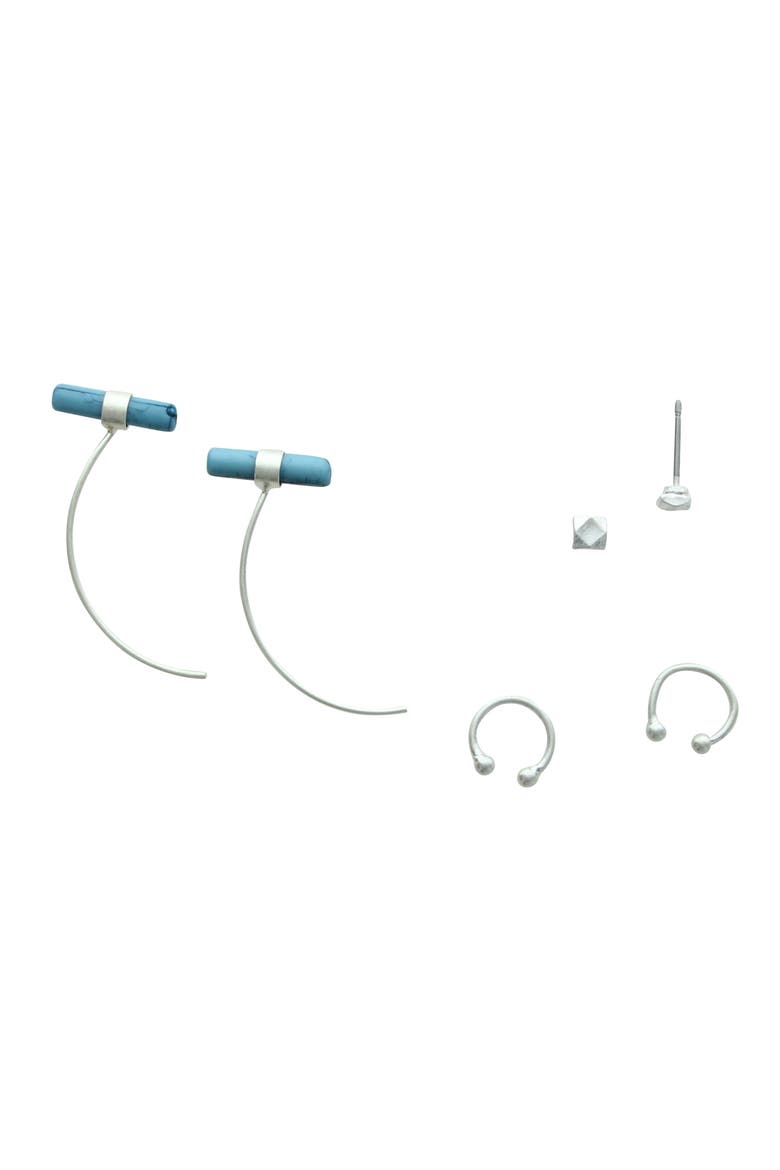 Mixed Drop, Stud & Ear Cuff Earring Set, Main, color, WORN SILVER / TURQUOISE