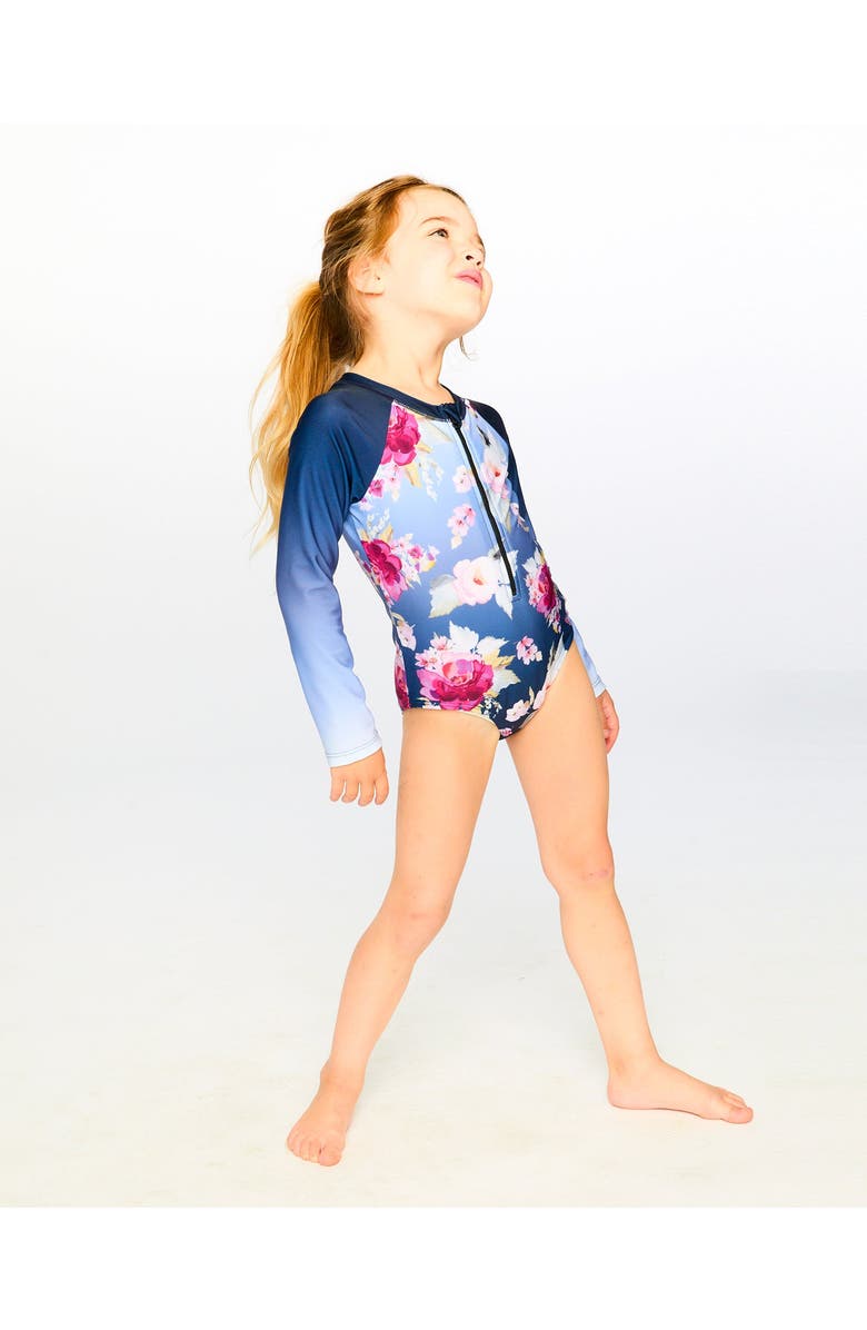 Deux par Deux One-Piece Long Sleeve Rose Rashguard, Alternate, color, Blue With Roses Print