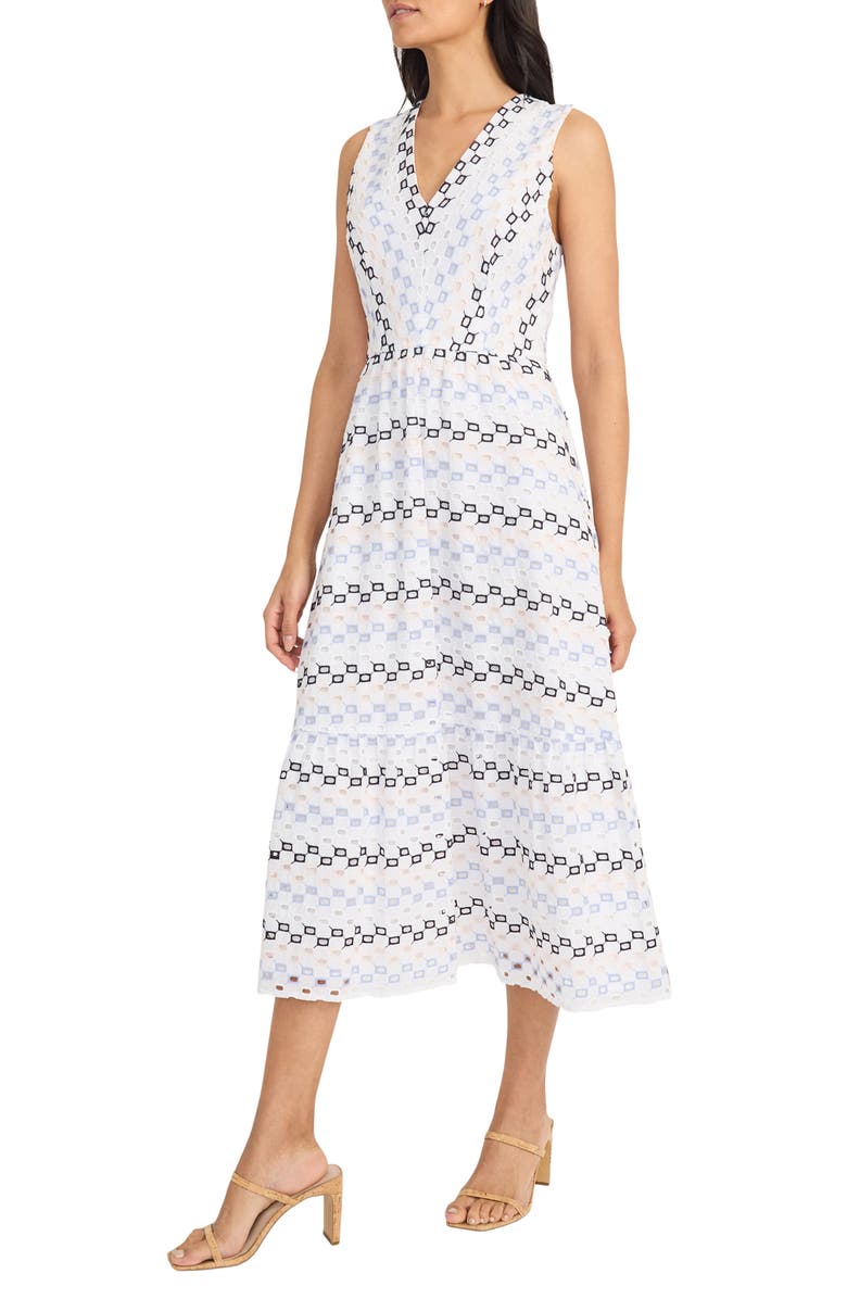 Maggy London Embroidered Eyelet Sleeveless Cotton A-Line Midi Dress, Alternate, color, White/ Blue/ Black