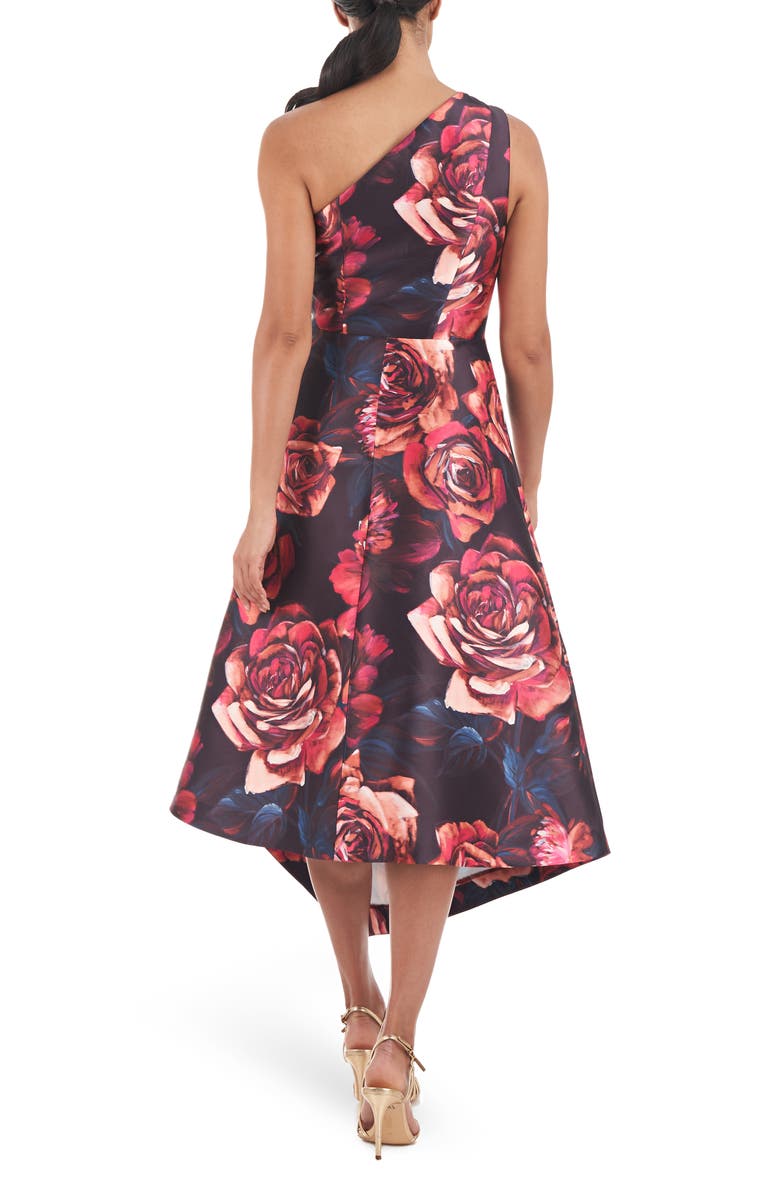 Kay Unger Iris Floral Print One-Shoulder Handkerchief Hem Midi Dress, Alternate, color, Oxblood Multi
