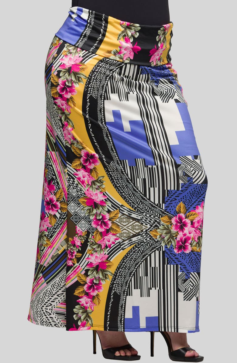 24seven Comfort Apparel Print Foldover Waist Maxi Skirt, Alternate, color, Blue Multi