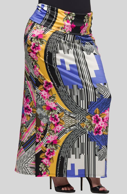 Shop 24seven Comfort Apparel Print Foldover Waist Maxi Skirt In Blue Multi