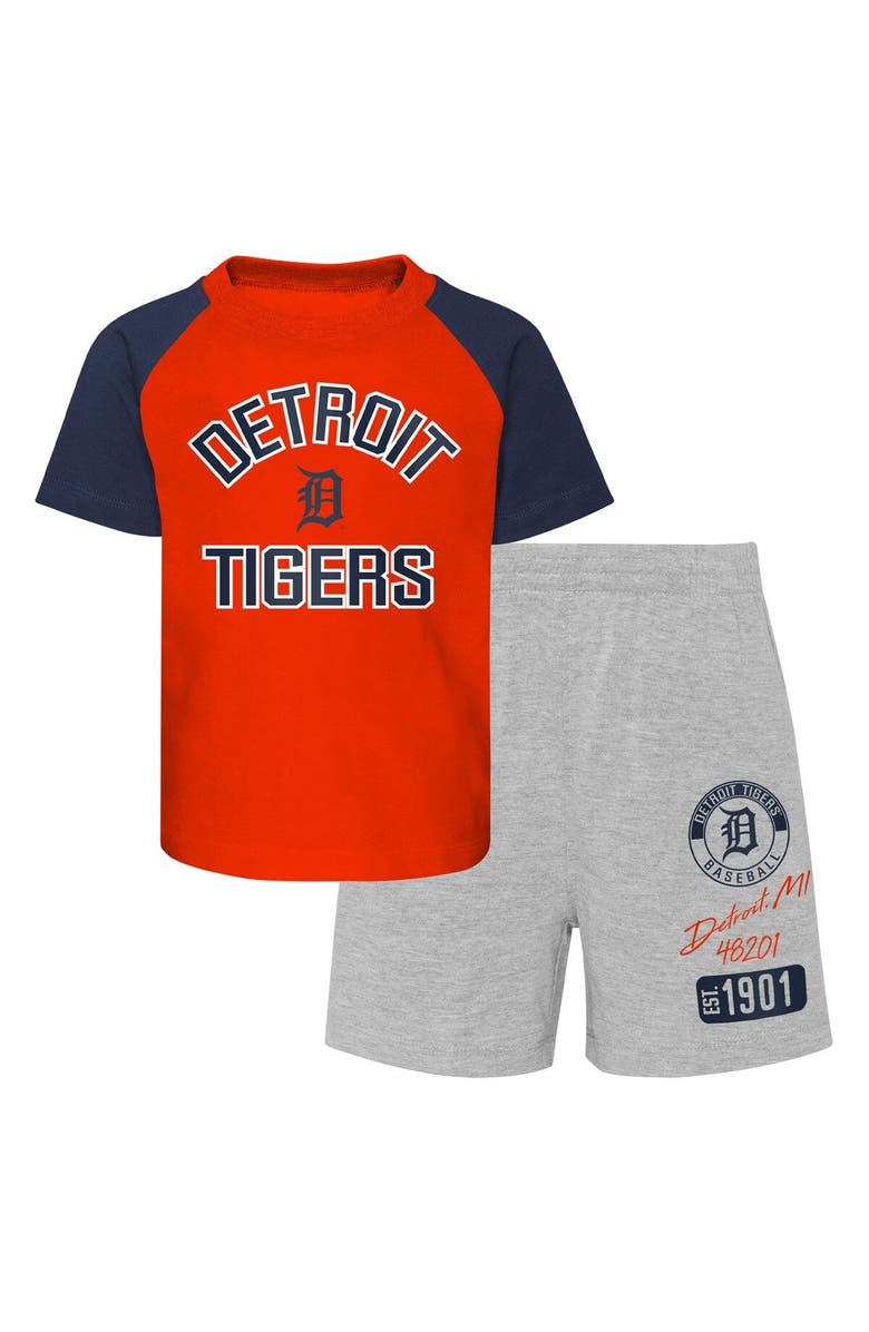 Outerstuff Infant Orange/Heather Gray Detroit Tigers Ground Out Baller Raglan T-Shirt and Shorts Set, Main, color, 