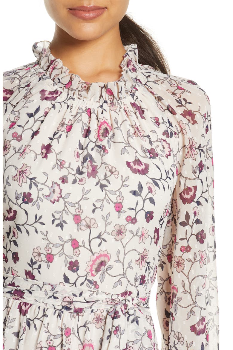 Floral Ruffle Long Sleeve Chiffon Dress, Alternate, color, IVORY