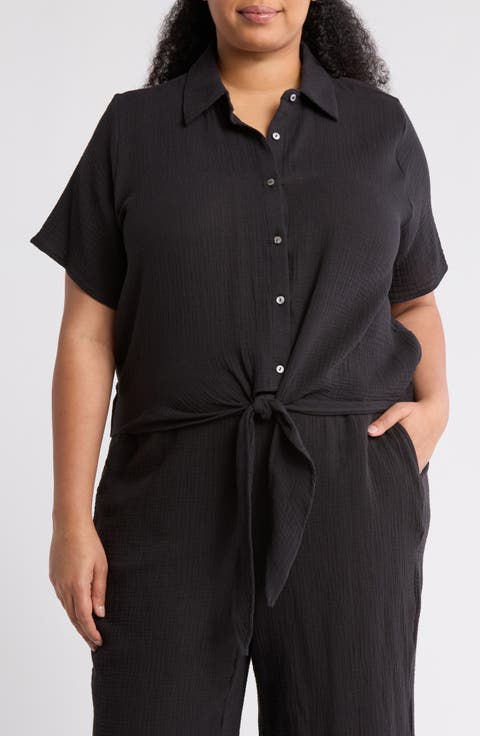 Short Sleeve Gauze Tie Camp Shirt (Plus)