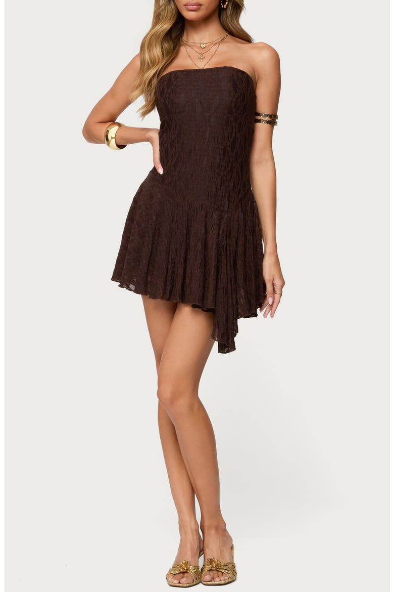 Elaia Lace Strapless Minidress, Main, color, BROWN
