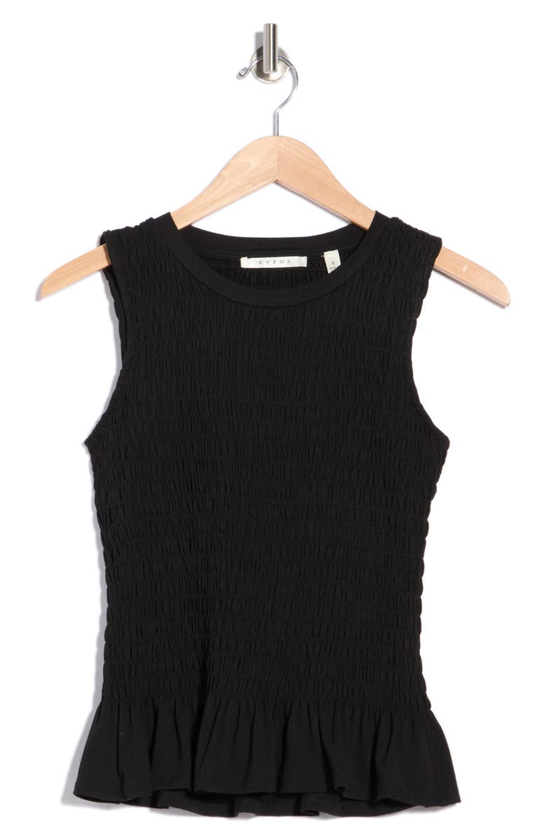 CYRUS Smocked Ruffle Hem Tank, Main, color, Black