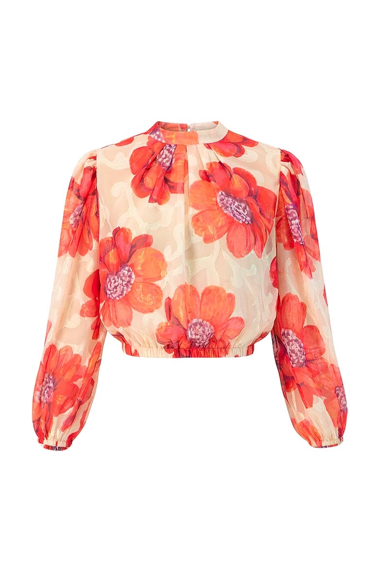 Shimmering Printed Blouse with Pleated Round Neck, Alternate, color, Ivory
