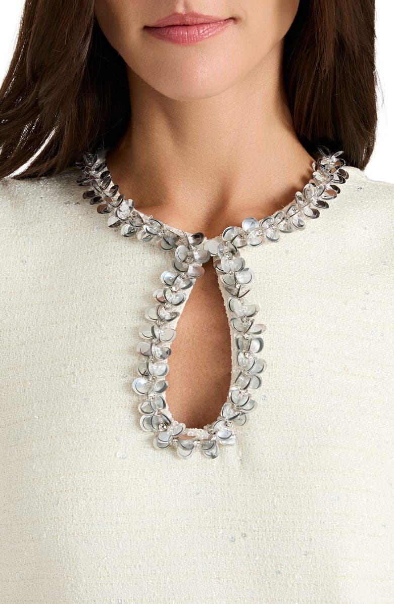 Tahari ASL Beaded Keyhole Neck Bouclé Dress, Alternate, color, Vanilla