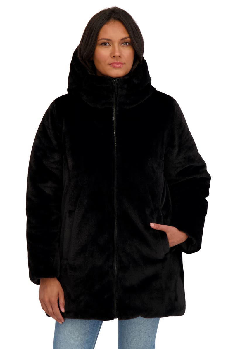 Sebby Faux Fur Reversible Hooded Puffer Jacket, Alternate, color, Black