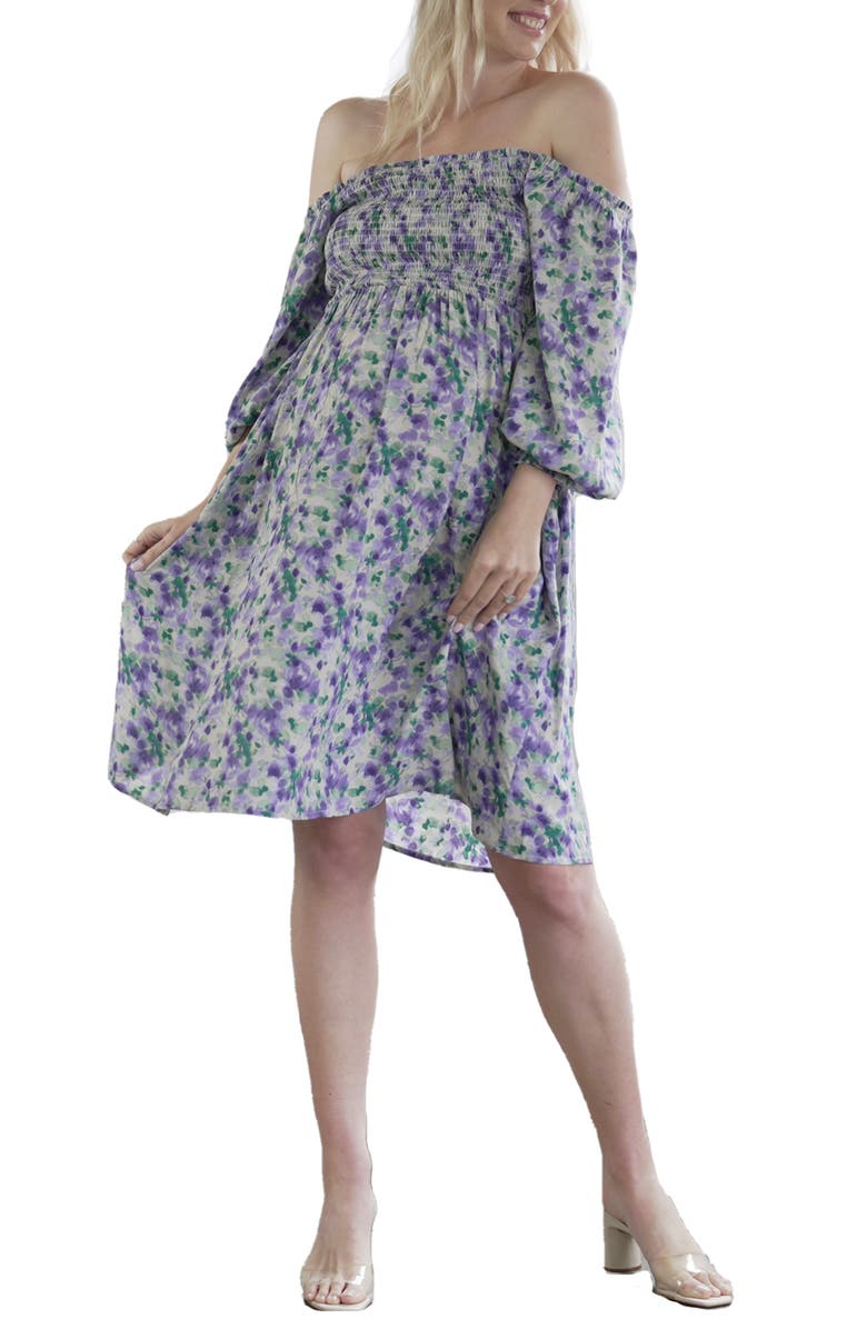 Angel Maternity Smocked Off the Shoulder Long Sleeve Maternity Dress, Alternate, color, Purple Flora