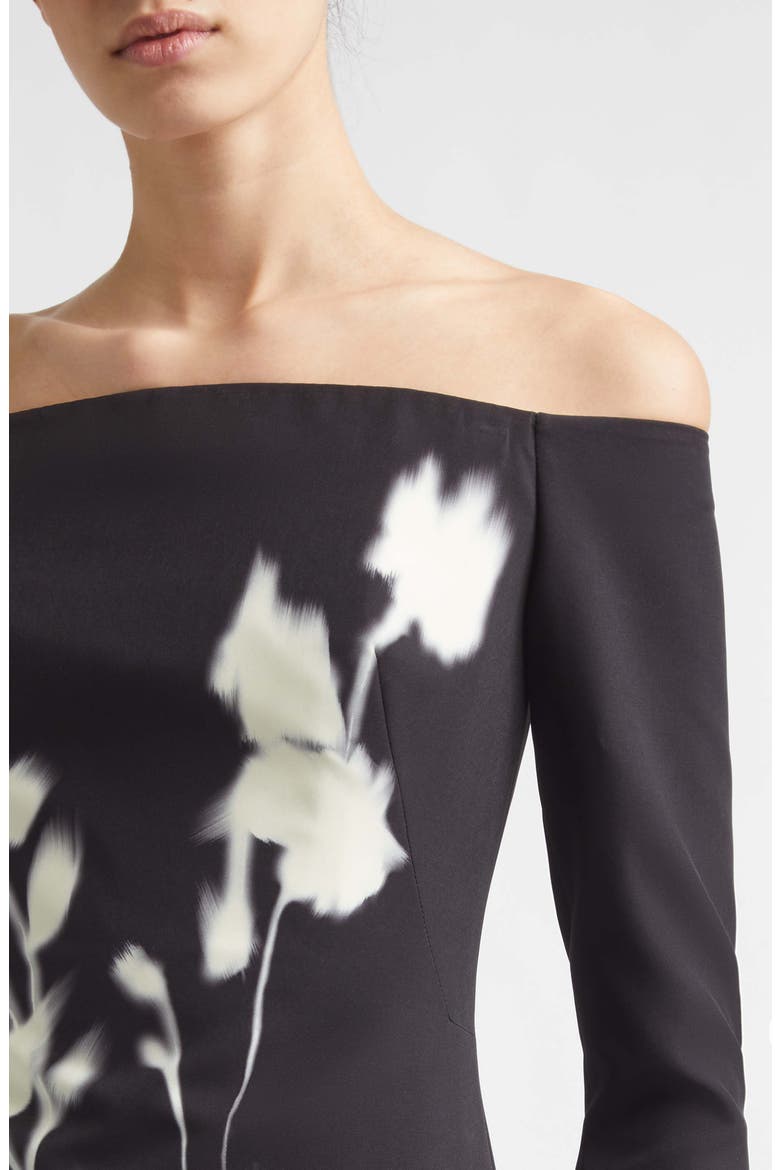 Floral Crepe Off the Shoulder Column Gown, Alternate, color, BLACK